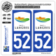 2 Autocollants plaque immatriculation Auto 52 Langres - Tourisme