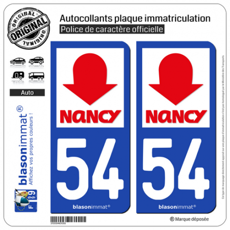 2 Autocollants plaque immatriculation Auto 54 Nancy - Tourisme