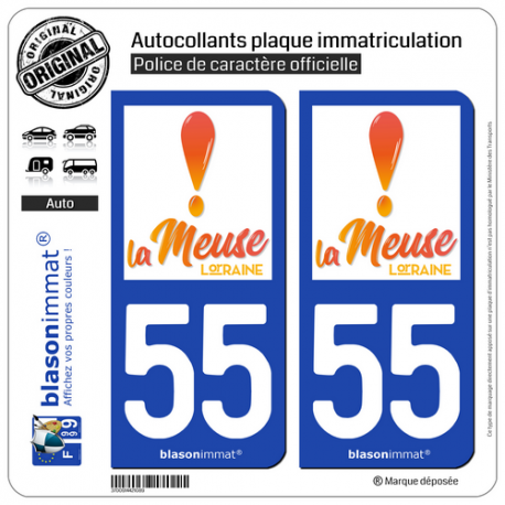 2 Autocollants plaque immatriculation Auto 55 Meuse - Tourisme