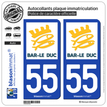 2 Autocollants plaque immatriculation Auto 55 Bar-le-Duc - Ville