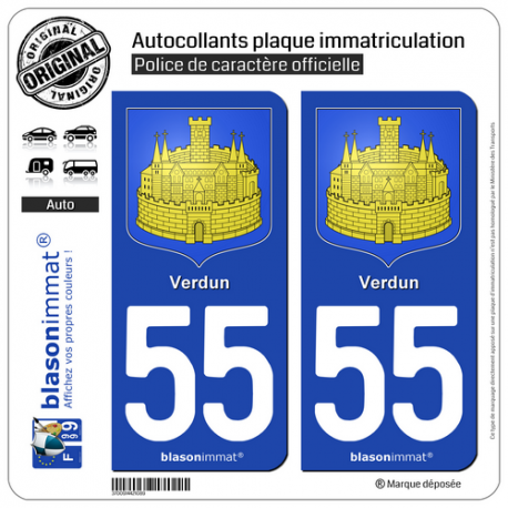 2 Autocollants plaque immatriculation Auto 55 Verdun - Armoiries