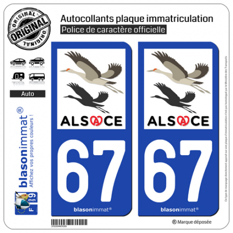 2 Autocollants plaque immatriculation Auto 67 Alsace - Tourisme