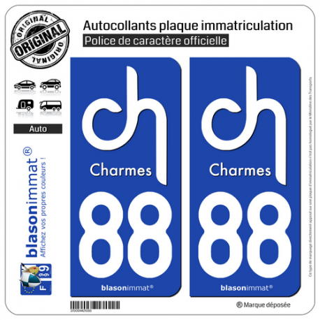 2 Autocollants plaque immatriculation Auto 88 Charmes - Commune