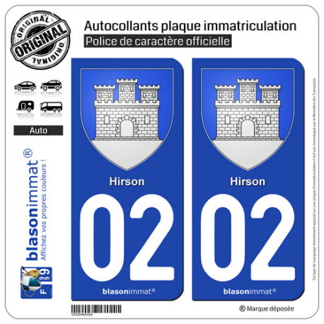 2 Autocollants plaque immatriculation Auto 02 Hirson - Armoiries