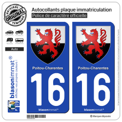 2 Autocollants plaque immatriculation Auto 16 Poitou-Charentes - Armoiries