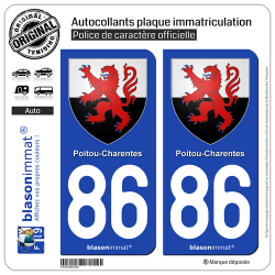 2 Autocollants plaque immatriculation Auto 86 Poitou-Charentes - Armoiries