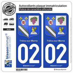 2 Autocollants plaque immatriculation Auto 02 Trélou-sur-Marne - Armoiries