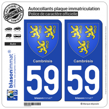2 Autocollants plaque immatriculation Auto 59 Cambrésis - Armoiries