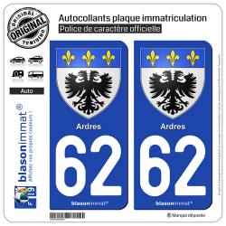 2 Autocollants plaque immatriculation Auto 62 Ardres - Armoiries