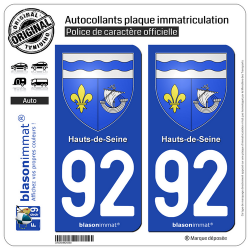 2 Autocollants plaque immatriculation Auto 92 Hauts-de-Seine - Armoiries