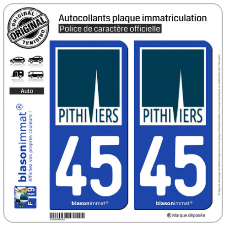 2 Autocollants plaque immatriculation Auto 45 Pithiviers - Ville