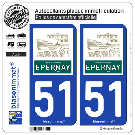 2 Autocollants plaque immatriculation Auto 51 Épernay - Ville