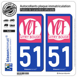 2 Autocollants plaque immatriculation Auto 51 Vitry-le-François - Ville