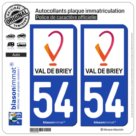 2 Autocollants plaque immatriculation Auto 54 Val de Briey - Ville