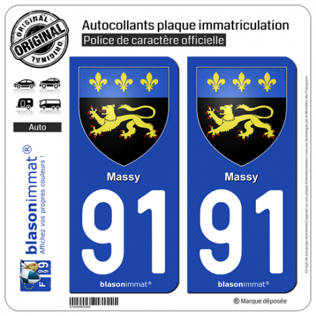 2 Autocollants plaque immatriculation Auto 91 Massy - Armoiries