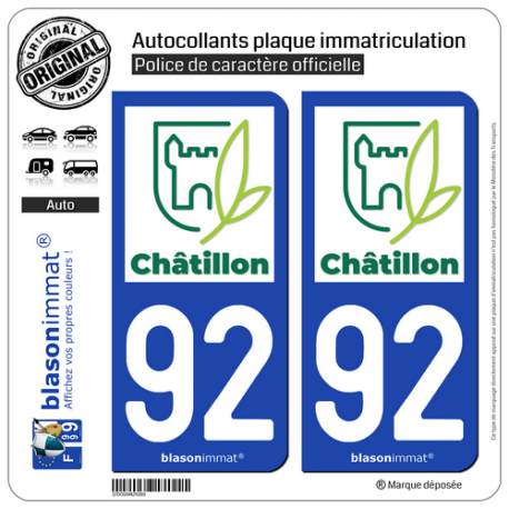 2 Autocollants plaque immatriculation Auto 92 Châtillon - Ville