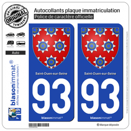 2 Autocollants plaque immatriculation Auto 93 Saint-Ouen-sur-Seine - Blason