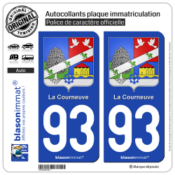 2 Autocollants plaque immatriculation Auto 93 La Courneuve - Armoiries