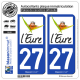 2 Autocollants plaque immatriculation Auto 27 Eure - Tourisme