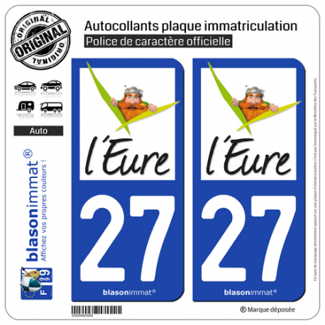 2 Autocollants plaque immatriculation Auto 27 Eure - Tourisme