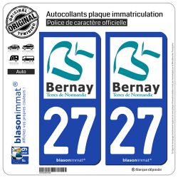 2 Autocollants plaque immatriculation Auto 27 Bernay - Tourisme