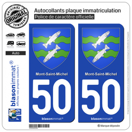 2 Autocollants plaque immatriculation Auto 50 Le Mont-Saint-Michel - Armoiries