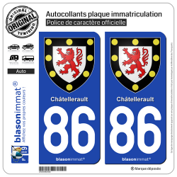 2 Autocollants plaque immatriculation Auto 86 Châtellerault - Armoiries