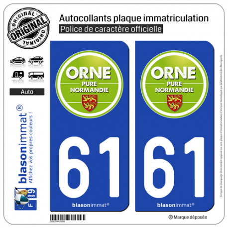 2 Autocollants plaque immatriculation Auto 61 Orne - Tourisme