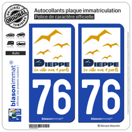 2 Autocollants plaque immatriculation Auto 76 Dieppe - Ville
