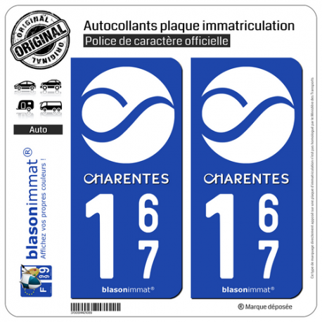 2 Autocollants plaque immatriculation Auto 167 Charentes - Tourisme