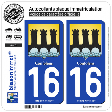 2 Autocollants plaque immatriculation Auto 16 Confolens - Armoiries