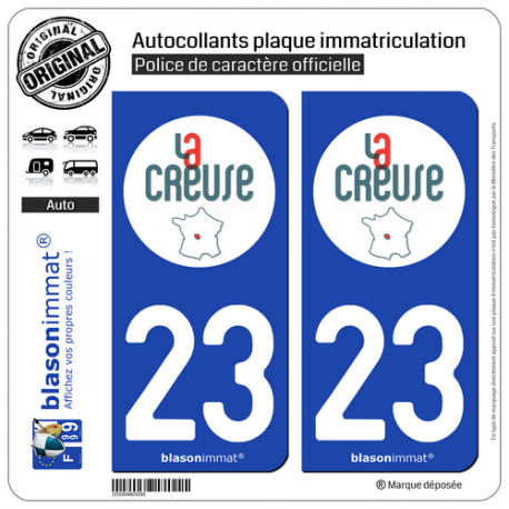 2 Autocollants plaque immatriculation Auto 23 Creuse - Tourisme