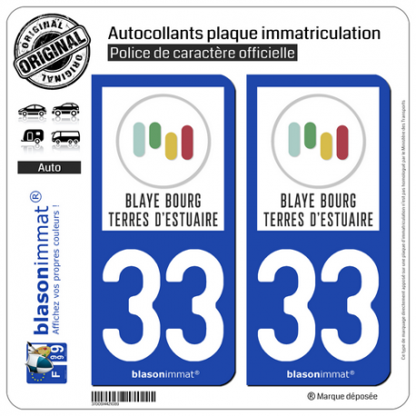 2 Autocollants plaque immatriculation Auto 33 Blaye Bourg - Terres d'Estuaire