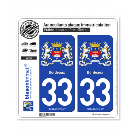Jeu de 2 Stickers pour plaques d'immatriculation auto - Modèle : 33 Bordeaux - Armoiries II