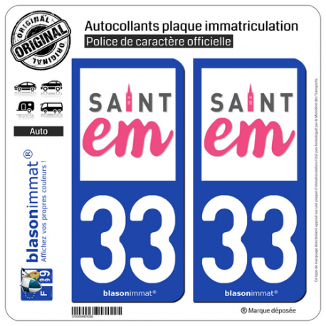 2 Autocollants plaque immatriculation Auto 33 Saint-Émilion - J'aime