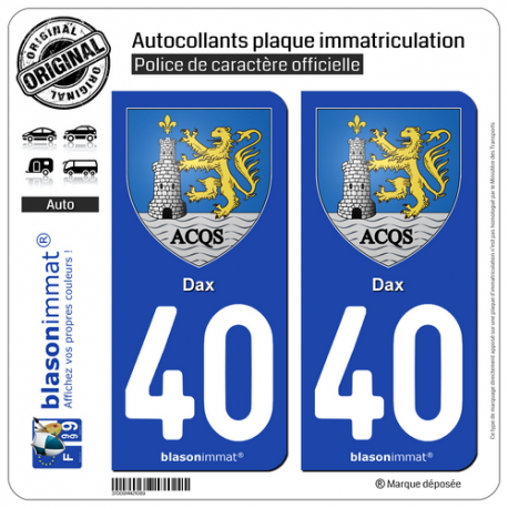 2 Autocollants plaque immatriculation Auto 40 Dax - Armoiries