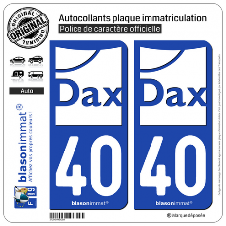 2 Autocollants plaque immatriculation Auto 40 Dax - Ville II