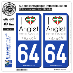 2 Autocollants plaque immatriculation Auto 64 Anglet - Côte Basque