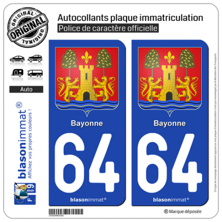 2 Autocollants plaque immatriculation Auto 64 Bayonne - Armoiries