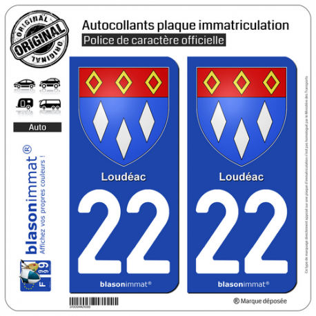 2 Autocollants plaque immatriculation Auto 22 Loudéac - Armoiries