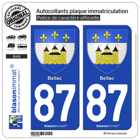 2 Autocollants plaque immatriculation Auto 87 Bellac - Armoiries