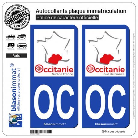 2 Autocollants plaque immatriculation Auto OC Occitanie - Sud de France