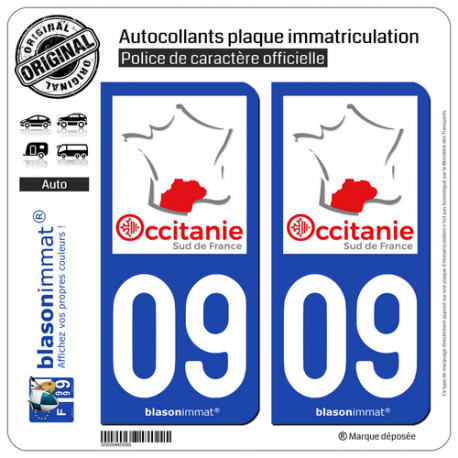 2 Autocollants plaque immatriculation Auto 09 Occitanie - Sud de France