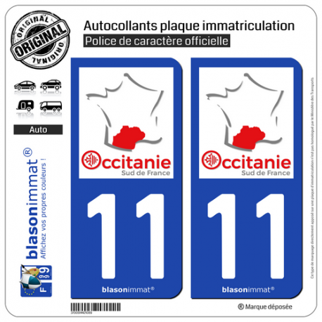 2 Autocollants plaque immatriculation Auto 11 Occitanie - sud de France