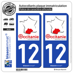 2 Autocollants plaque immatriculation Auto 12 Occitanie - Sud de France