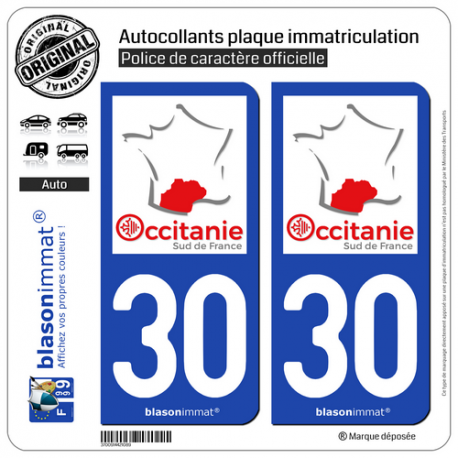 2 Autocollants plaque immatriculation Auto 30 Occitanie - Sud de France