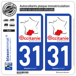 2 Autocollants plaque immatriculation Auto 31 Midi-Pyrénées - Tourisme
