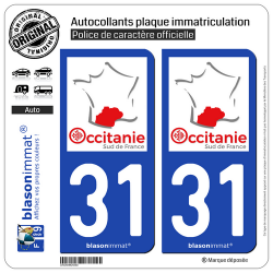 2 Autocollants plaque immatriculation Auto 31 Occitanie - Sud de France