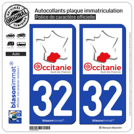 2 Autocollants plaque immatriculation Auto 32 Occitanie - Sud de France