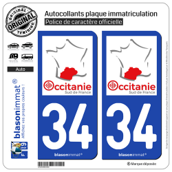 2 Autocollants plaque immatriculation Auto 34 Occitanie - Sud de France